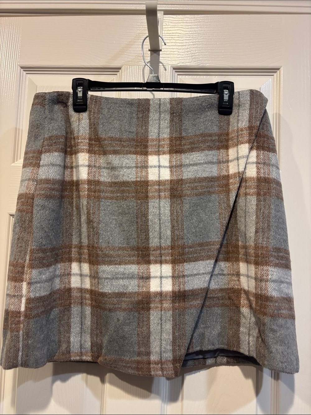bagatelle Plaid A-Line Skirt in Gray, Brown, and Cream